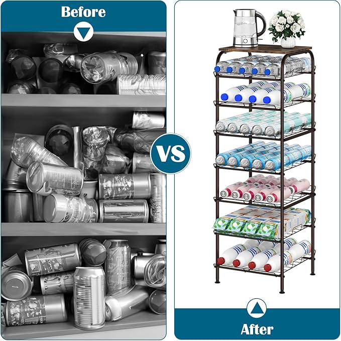 smusei Water Bottle Organizer 7 Tier Free Standing Water Bottle Storage Rack Metal Water Bottle Rack Shelf Large Capacity Bottled Water Holder Beverage Drink Stand for Kitchen Pantry Office, Brown