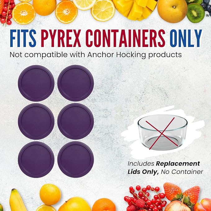 Replacement Lids for Pyrex 2-Cup Glass Food Storage Container Bowls, 5-Inch Plastic Round Lids Covers fits Pyrex 7200-PC, Airtight & Leakproof (6-Pack, Purple)