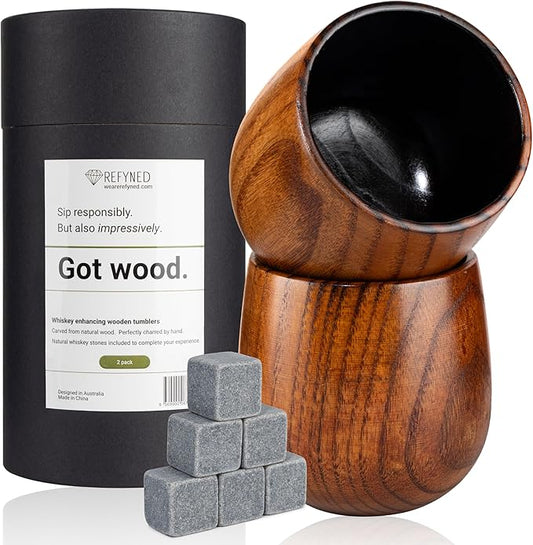 Whiskey Enhancing Charred Wooden Tumbler 2 Set, Chilling Stones & Cocktail eBook | Bourbon Drinking Glass Bourbon Gifts for Men | Wooden Old Fashioned Glass | Gifts for Men Who Have Everything