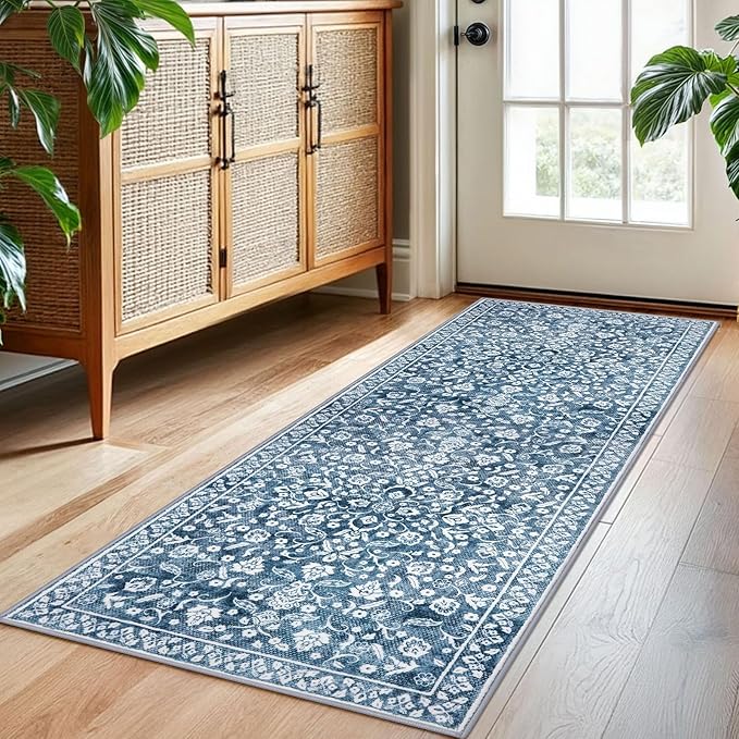 Vintage Washable 2x5 Rug, Blue and White Hallway Runner, Super Soft Non-Slip Kitchen Runner, Print Faux Wool Floral Thin Carpet for Entryway & Bedside