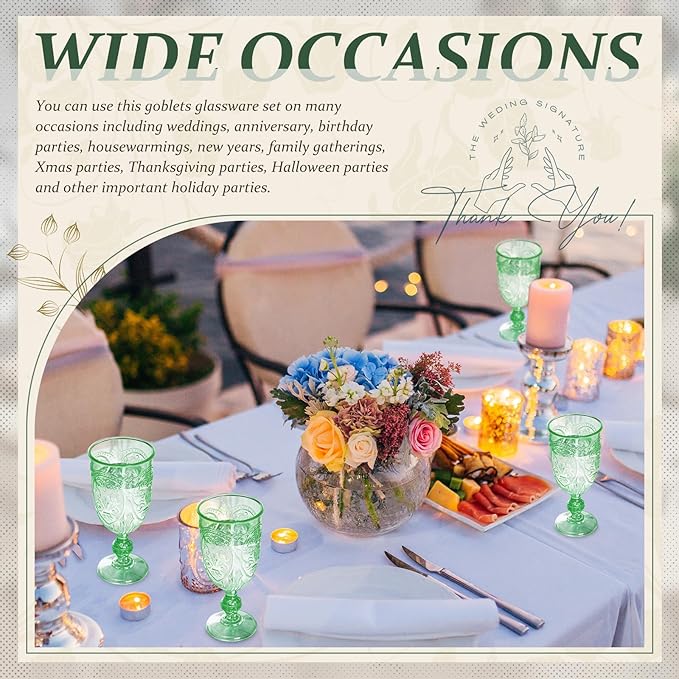 6 Pcs Plastic Goblets 7.5oz Vintage Goblet Plastic Wine Glasses Colored Retro Embossed Water Goblets for Wine Bar Juice Baby Shower Wedding Reception Grand Event Party (Green)