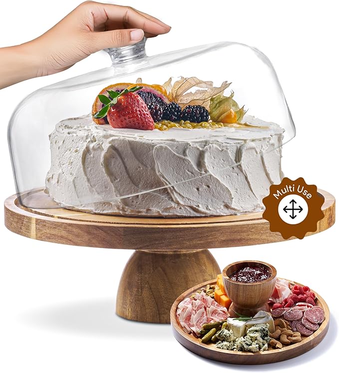 Acacia Wood Cake Stand with Lid - 12in Round Cake Holder, 2-in-1 Dessert Table Display Set & Charcuterie Board for Cheese, Chips & Dips, Nachos, Fruit Platter, Large Acrylic Cake Dome Cover