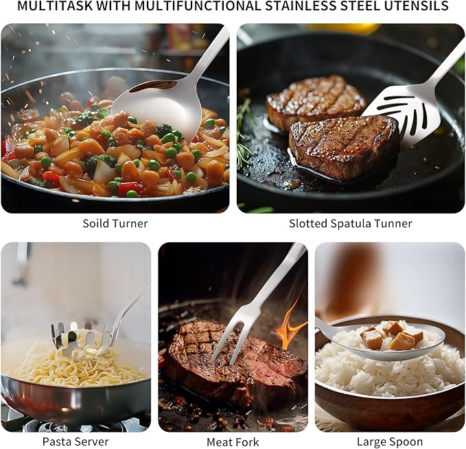 304 Stainless Steel Kitchen Utensil Set - 9pcs Cooking Utensils, Metal Kitchen Utensil Spatula Sets Cookware,High temperature resistance Kitchen Tool Set for Hanging Dishwasher Safe（Silver）