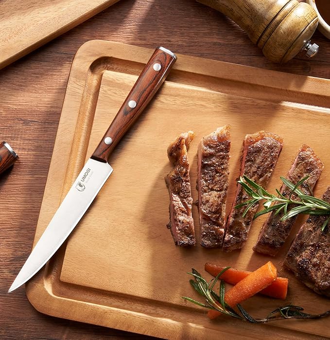 Premium Steak Knives Set of 6 in Gift Box - Polished Wood Handle, HC German Stainless Steel, Straight Edge Non Serrated - 4.8''Dinner Knife, Kitchen Tableware Knives Cutlery Set