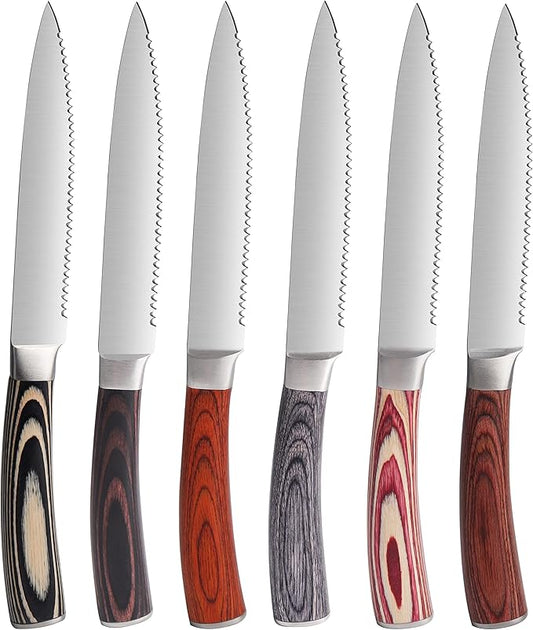 Pakkawood Steak Knives Set of 6, 6PCS Set of Stainless Steel Serrated Steak Knives with Pakka Wood Handle, Fine Edge Dinner Knife Set with Gift Box for Home Party