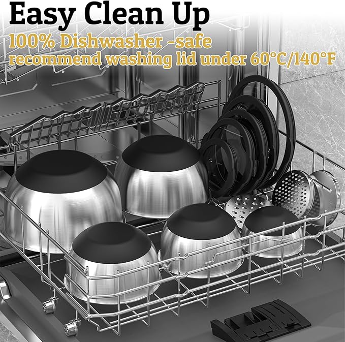 Mixing Bowls with Lids Set - Non-Slip, Airtight Warp-Proof TPR-AS Lids, Thicker Stainless Steel Bowls, Measurement Lines & 3 Graters, Prep Meal Bowl, Black Nesting Bowl for Kitchen, 5/3/2/1.5/0.63QT