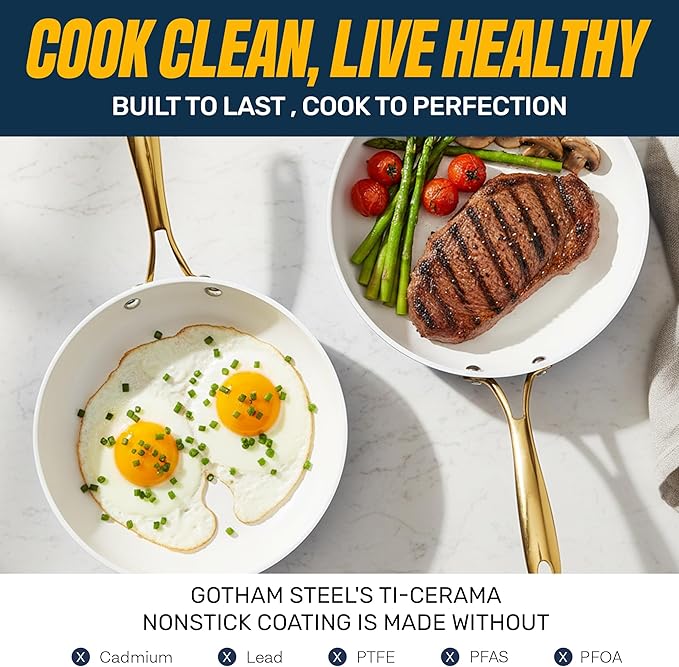 Gotham Steel 15 Pc Ceramic Cookware Set Nonstick, Ceramic Pots and Pans Set Non Stick with Steamer & Cooking Utensils, Non Toxic PFOA PFOS Free, Premium Stay Cool Handles, Oven & Dishwasher Safe