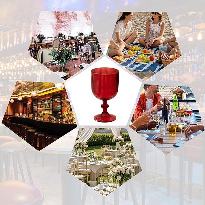 24 Pcs Red Vintage Wine Glasses, 11 Ounces Colored Glass Water Goblets, Unique Embossed Pattern High Clear Stemmed Glassware Wedding Party Bar Glass Drinking Cups Fancy Glasses Set Hand Wash Only