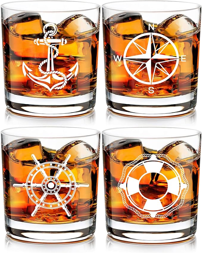 Futtumy Set of 4 Boat Whiskey Glass, Boating Gifts for Men, Nautical Gifts for Boat Lovers Owners Sailors, Anchor Compass Helm Life Ring Rock Glass for Birthday Christmas, 10oz