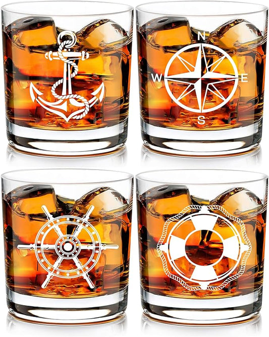 Futtumy Set of 4 Boat Whiskey Glass, Boating Gifts for Men, Nautical Gifts for Boat Lovers Owners Sailors, Anchor Compass Helm Life Ring Rock Glass for Birthday Christmas, 10oz