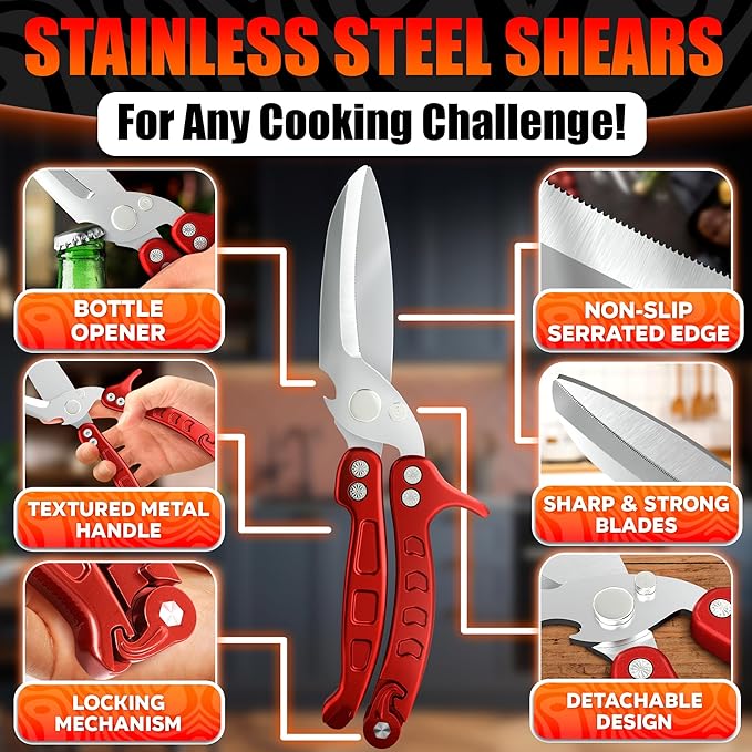 4-in-1 Kitchen Shears Heavy Duty – Sharp Fish, Seafood, Turkey & Chicken Scissors with Non-Slip Metal Handle & Micro-Serrated Blades for Meat – Spring-Loaded Bone Cutting Scissors with Safety Lock