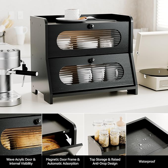 Bread Box for Kitchen Countertop,Double Layer Large Capacity Bamboo Bread Storage Container with Acrylic Wavy Door Panel for Kitchen Counter,Cabinet,Pantry(Black)
