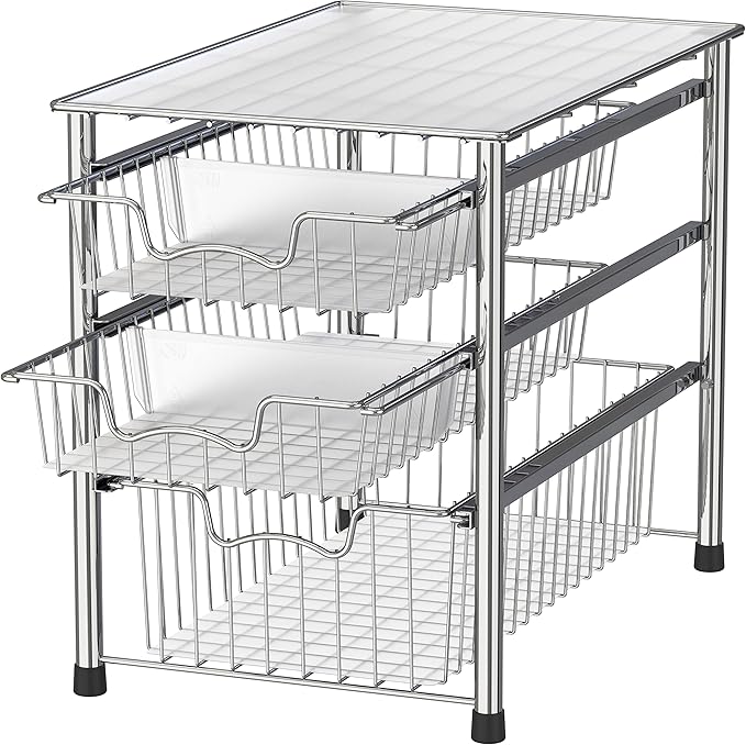 Simple Houseware Stackable 3 Tier Sliding Basket Organizer Drawer, Chrome