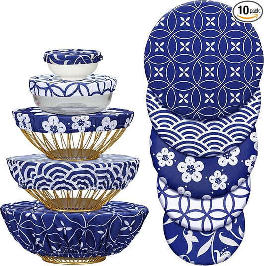 Patelai 10 Pcs Bowl Covers Reusable in 5 Size Stretch Cloth Fabric Elastic Food Storage Bowl Covers Bread Sourdough Lids for Proofing Food Fruits Leftover(Stylish Style)