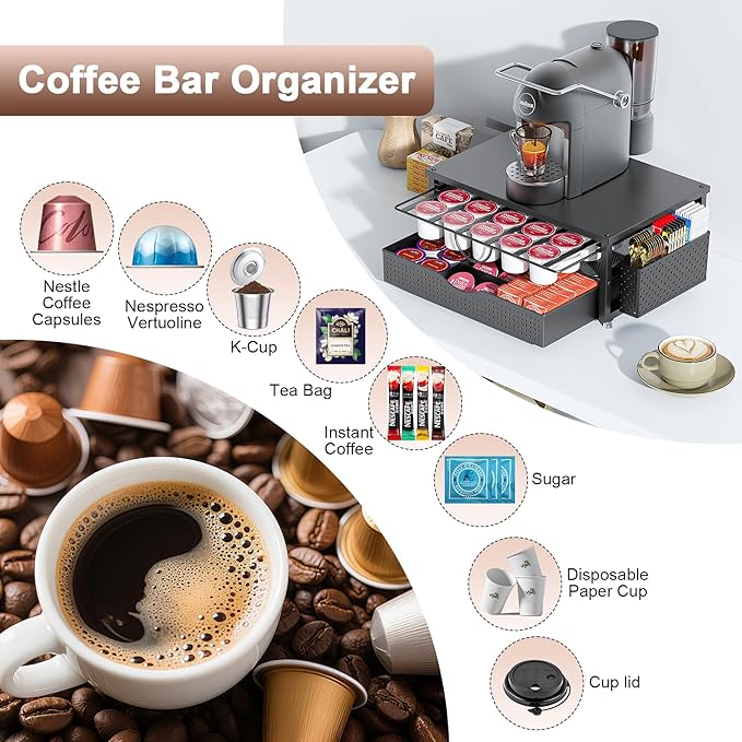 K Cup Holder, Coffee Pod Holder with 2 Tier Sliding Storage Drawer and 1 Hanging Basket for 51 Large or 73 Small Capsule,K Cup Coffee Station Organizer Accessories for Counter,Home,Office,Kitchen