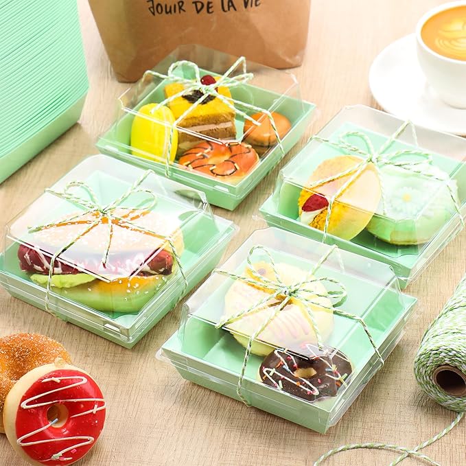 Ctosree 100 Pcs Paper Charcuterie Boxes with Clear Lids 4.5 Inches Disposable Cake Square Dessert Container Bakery Boxes Bundle with Rope for Food Cake Slice Cookie Sandwich Dessert(Light Green)