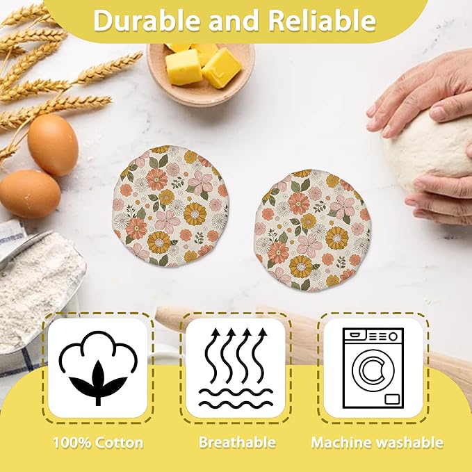 70s Retro Floral Flowers Sourdough Starter Jar Covers Reusable,Breathable Fabric Lids for Mason Jars,Wide Mouth and Regular Mouth(5 Pack)