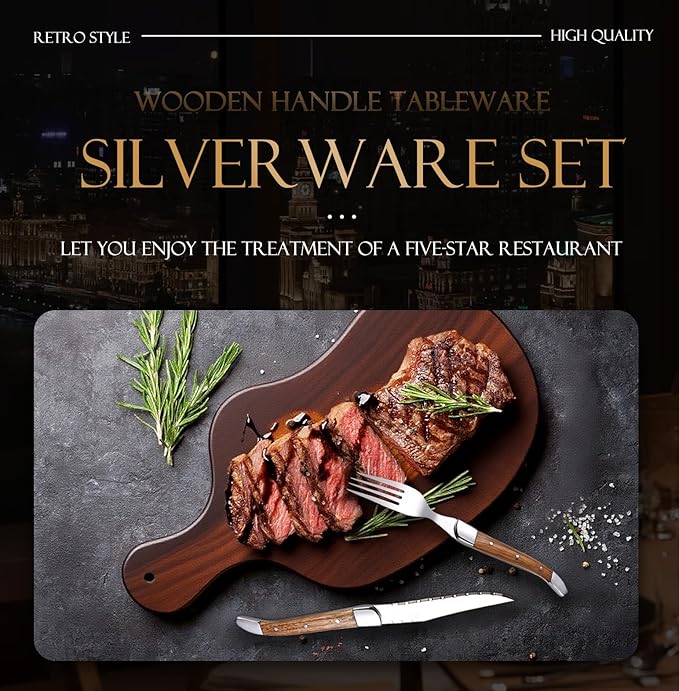 36 Piece Silverware Set, Flatware Set for 12, 1810 Stainless Steel Tableware Cutlery Set With Golden teak wood handle, Utensil Sets for Kitchen,Dishwasher Safe (36pcs)