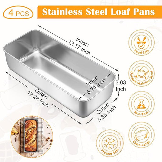 E-far Loaf Pan for Homemade Bread-4 Pack, 12” x 5” Large Stainless Steel Loaf Pans, Long Metal Bread Baking Mold for Banana Cake Meatloaf Sourdough Lasagna, Nontoxic & Dishwasher Safe