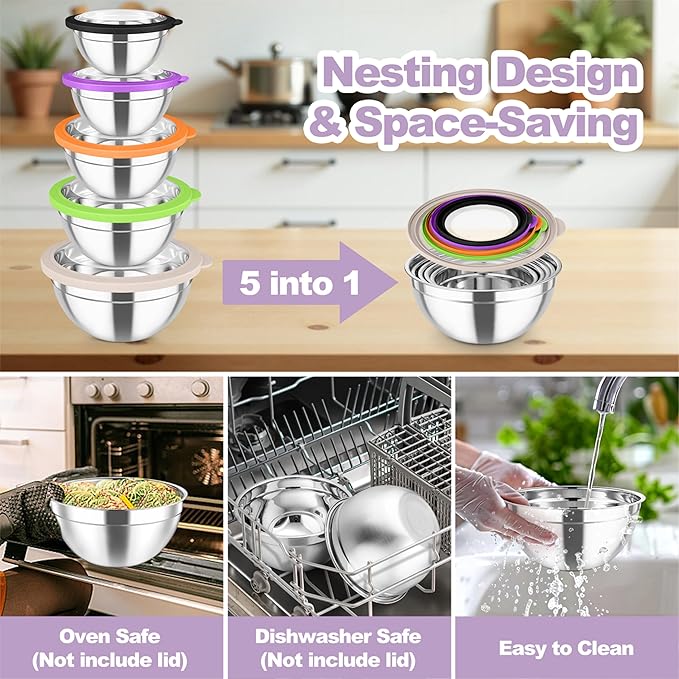 TeamFar Mixing Bowl Set, 4.5/3/1.5/1/0.7 QT Stainless Steel Nesting Salad Bowls with Visible Lids, For Serving/Mixing/Storing, Non-Toxic & Heavy Duty, Airtight & Easy Clean, Multi-Color, Set of 5