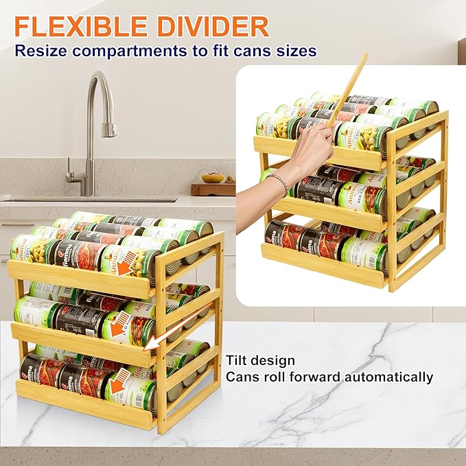 MinBoo Bamboo Can Organizer for Pantry - Stackable Can Rack for 36 Cans, Canned Food Storage, Pantry Shelf, Kitchen Cabinet or Countertop