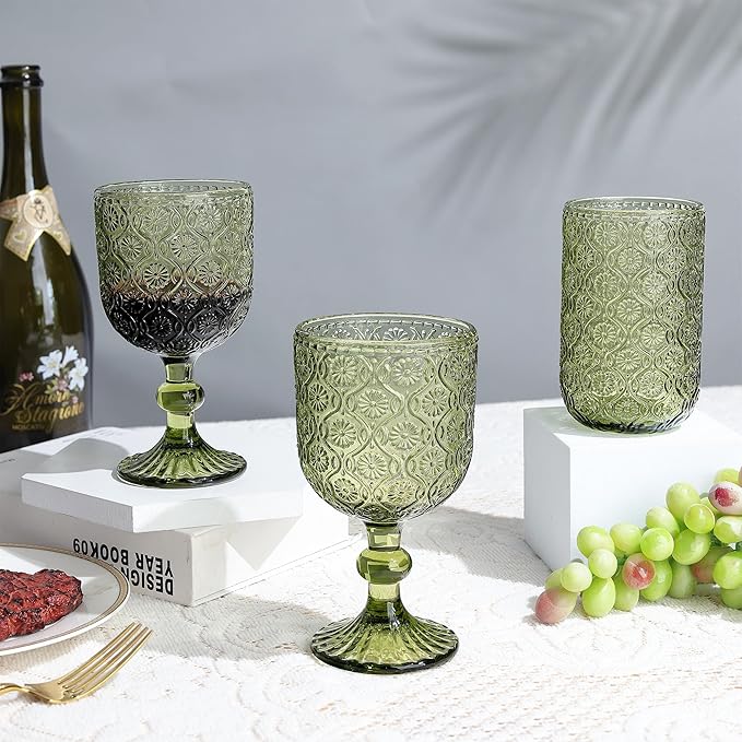 Joeyan Vintage Glass Wine Goblet,Green Embossed Floral Stemmed Wine Glasses,Colored Drinking Cups,Heavy-Duty Glassware for Wedding Party Bar,12 oz,Set of 4,Dishwasher Safe