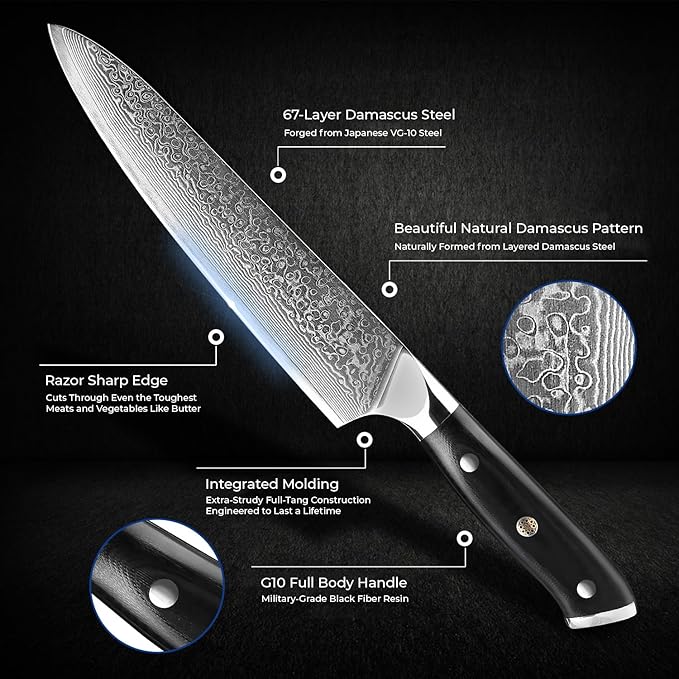SENKEN 6-Piece Damascus Steel Kitchen Knife Set - Shogun Collection - 67-Layer Japanese VG10 Steel - Chef's Knife, Cleaver Knife, & More, Extremely Sharp Blades for Effortless Cutting, Luxury Gift Box