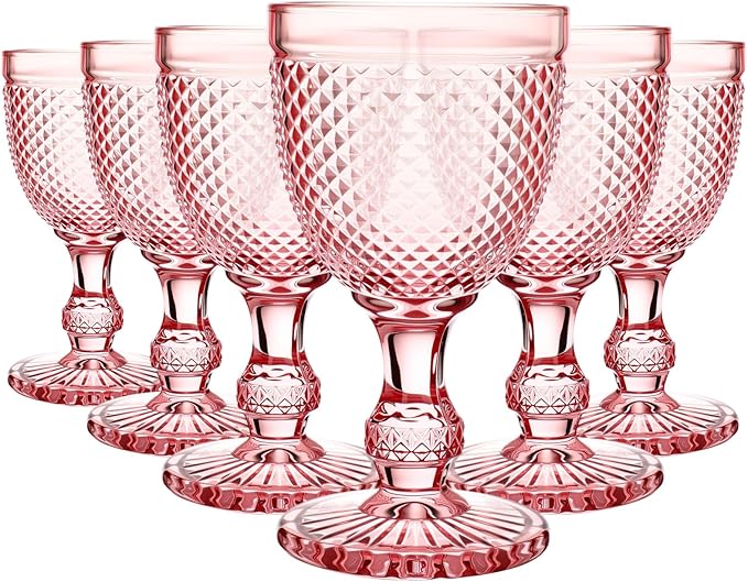 Bokon 6 Pack Pink Glass Goblets Set 10 oz High Clear Wine Glass Vintage Water Goblets Cups Embossed Diamond Design Glassware with Stem for Drinking Juice Liquor Party Wedding Bar