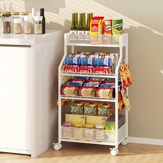 Can Organizer for Pantry - Rolling Snack Cart, Multi-Layer Soda Can Organizer for Pantry, Mobile Beverage Storage Rack with Wheels, Versatile Metal Shelf for Kitchen and Office, White