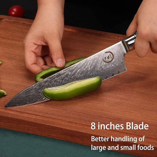 Chef Knife 8 inch, Damascus Chef Knife Japanese VG10 Core Steel with 66-Layers High Carbon Professional Sharp Chefs Knife 8" Blade Ergonomic Beautiful Blue Resin Handle Gift Boxed