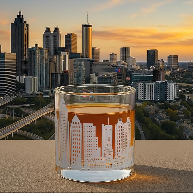 Greenline Goods – Atlanta, GA Skyline Whiskey Glasses (Set of 2), 10 oz – Rocks/Old Fashioned Tumblers