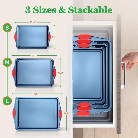 NutriChef Nonstick 3-Piece Baking Pans Set – Carbon Steel Bakeware with Blue Coating Inside & Outside and Red Silicone Handles, Durable and Reliable, Effortless Baking and Easy Cleanup (Blue)
