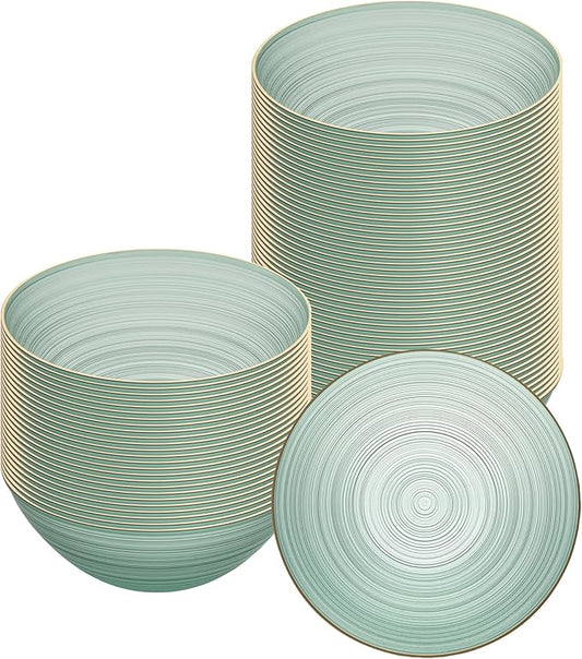 Restaurantware Plastic Bowls 100 Pcs 16 oz Gold Rimmed Disposable Soup Bowls Heavy-Duty Green Translucent Rippled Dinnerware Containers for Party, Desserts, Salads, Snacks, and Catering