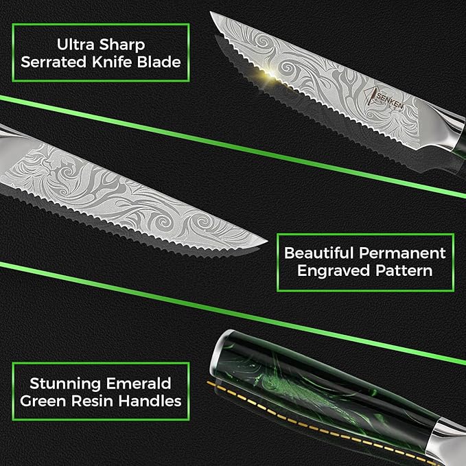 SENKEN Professional Steak Knife Set with Beautiful Engraved Pattern - Wasabi Collection - Razor Sharp Serrated High Carbon Steel & Emerald Green Resin Handle (6 Piece Steak Knife Set)