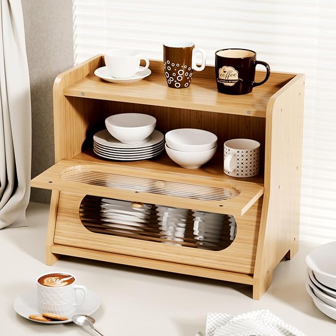 Bread Box for Kitchen Countertop,Double Layer Large Capacity Bamboo Bread Storage Container with Acrylic Wavy Door Panel for Kitchen Counter,Cabinet,Pantry(Natural Bamboo)