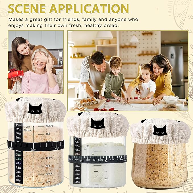 Cute Black Cat Sourdough Starter Jar Covers Reusable,Breathable Fabric Lids for Mason Jars,Wide Mouth and Regular Mouth(5 Pack)