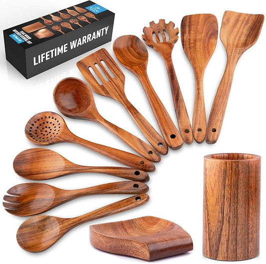 Zulay Kitchen 12-Piece Teak Wooden Utensils for Cooking - Natural Teak Utensil Set with Premium Gift Box - Non-Stick Wooden Spoons for Cooking - Kitchen Gift Set - Comfortable Grip Wooden Utensil Set