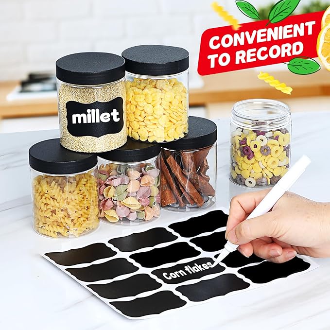 48 PCS 8 OZ Plastic Jars with Screw On Lids,Labels Refillable Empty Round Slime Containers for Storing Dry Food, Honey Jam, Cream, Butter, Lotion, black