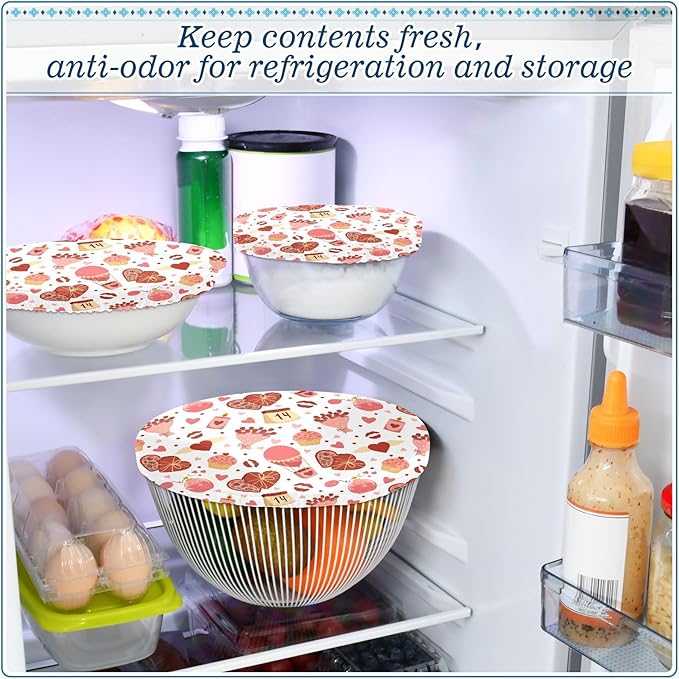 5 Pcs Bowl Covers Reusable in 5 Size Elastic Food Cover Cloth Lids Fresh Keeping Dish Cookware Bakeware Fabric Covers Lids for Food Leftovers Fruits Storage Valentine Romantic Love Flowers