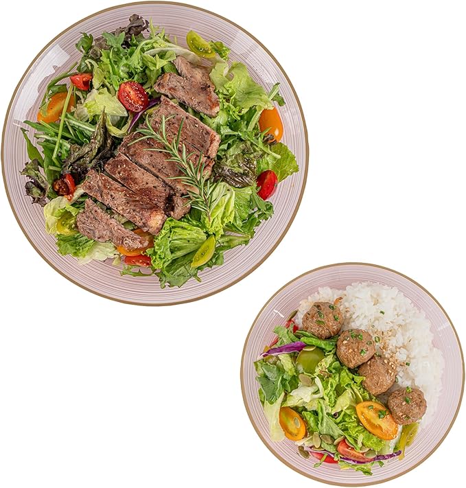 Restaurantware Plastic Plates 200 Pcs 7.13" and 10" Combo Gold Rimmed Plate Set Disposable Heavy-Duty Pink Translucent Rippled Plastic Dinner Servers for Party, Weddings, Salads, Desserts