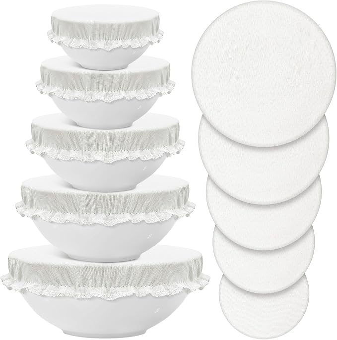 Patelai 10 Pcs Bowl Covers Reusable in 5 Size Stretch Cloth Fabric Elastic Food Storage Bowl Covers Bread Sourdough Lids for Proofing Food Fruits Leftover(Ivory Style)