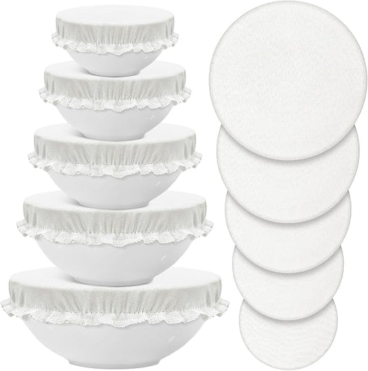 Patelai 10 Pcs Bowl Covers Reusable in 5 Size Stretch Cloth Fabric Elastic Food Storage Bowl Covers Bread Sourdough Lids for Proofing Food Fruits Leftover(Ivory Style)