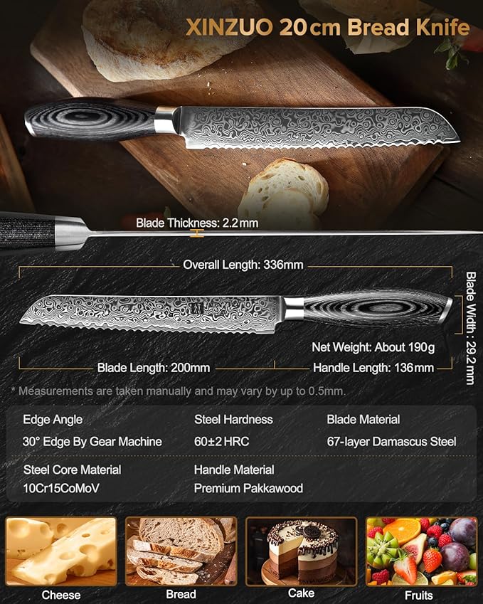 XINZUO Bread Knife 8 Inch,Professional Damascus Serrated Knife for Homemade Bread,Razor Sharp,Wide Wavy Edge for Bread, Bagels,Pizza and Cake, Gift Box Package