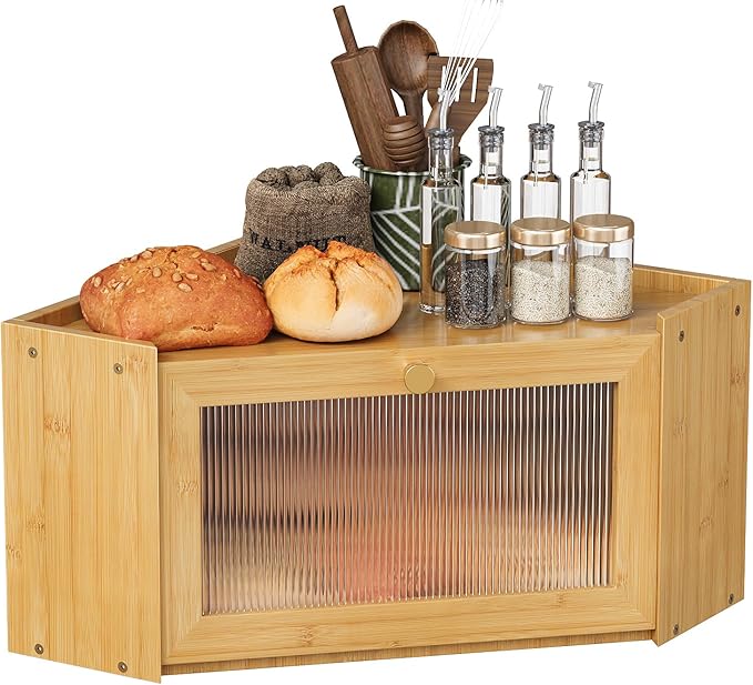 Corner Bamboo Bread Box for Kitchen Counter Large Capacity Rustic Bread Storage Container with Wavy Arcylic Transparent Door Vintage Storage for Homemade Bread (Natural Bamboo)