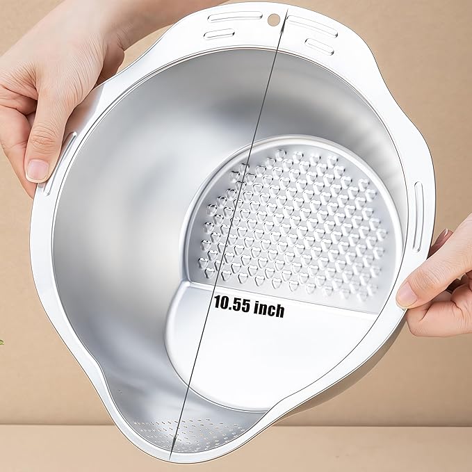 Rice Washer Strainer Bowl - 4-in-1 Washing Bowl for Quinoa, Stainless Steel Side Drainers Colander for Cleaning and Rinsing Fruits, Vegetables, and Beans - Versatile Kitchen Tool