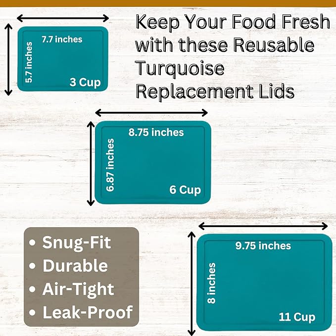3, 6 & 11 Cup Turquoise Replacement Lids/Covers for Pyrex, Anchor Hocking & KlareWare Storage Bowls *Lids Only Glass Container Not Included* (3 Pack *One of Each Size*)