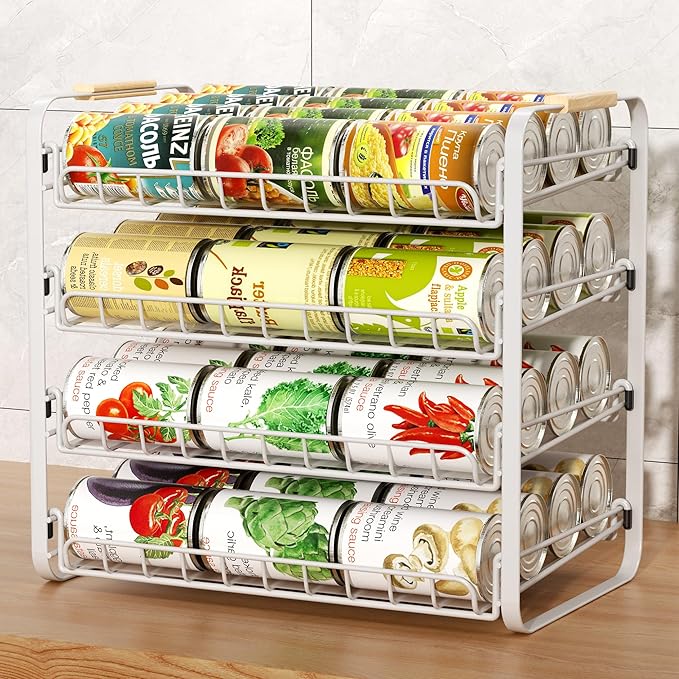 MAXIFFE 4 Tier Can Organizer, Space-Saving Easy Assembly Adjustable Sturdy Metal Hold 48 Cans Storage Holder Rack Dispenser for Pantry Kitchen Cabinet Countertop RV, for Soda Drinks Fruits, White