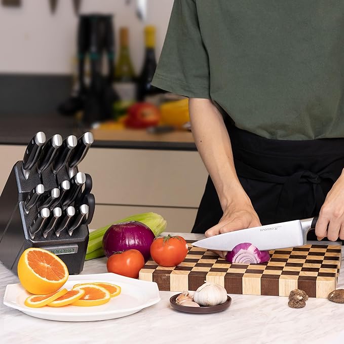 linoroso Knife Set with Gift Box, 14 Pcs Full Tang German Stainless Steel Knife Block Set with Scissors, Ultra Sharp Knife Sets for Kitchen with Wooden Block, Classic Series - Gift for Men & Women