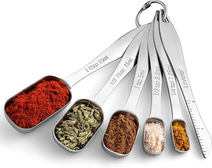 Spring Chef Stainless Steel Measuring Spoons Set of 6 with Leveler, Rectangular Metal Teaspoon & Tablespoon Measuring Spoons for Dry & Liquid Ingredients - Nesting Kitchen Gadgets For Baking & Cooking
