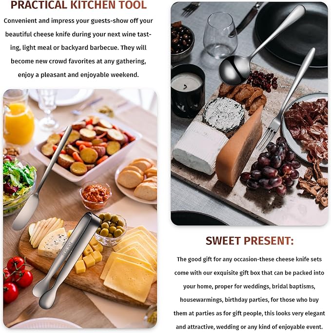 Patelai Cheese Butter Spreader Knives Set Charcuterie Accessories Stainless Steel Spreader Knives Charcuterie Boards Utensils Mini Serving Tongs Spoons and Forks for Appetizers Pastry(Black)
